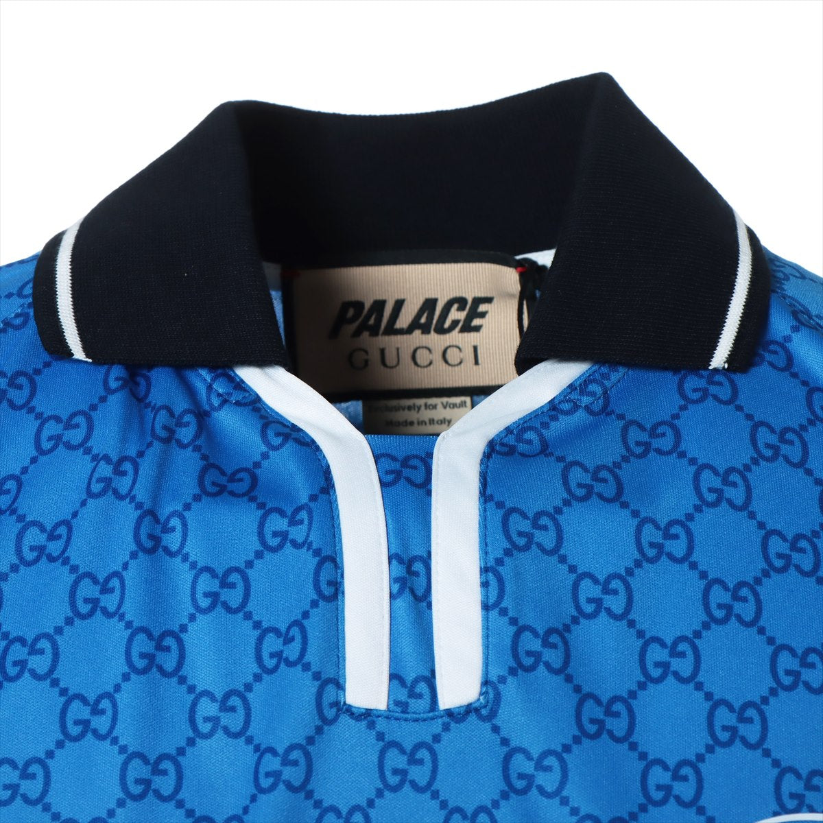 パレス×グッチ GG ポリエステル ポロシャツ XS メンズ ブルー 720341 プリント オールオーバー フットボール テクニカルジャー