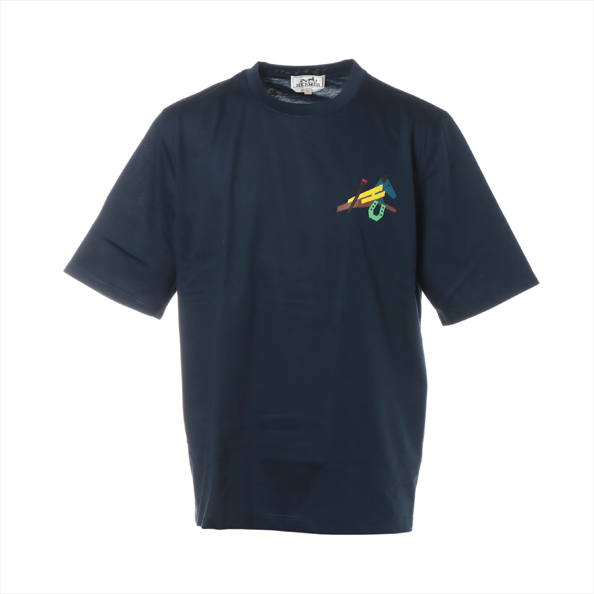 エルメス 22SS コットン Tシャツ L メンズ ネイビー  ミニレザーパッチ パズル・エケストル