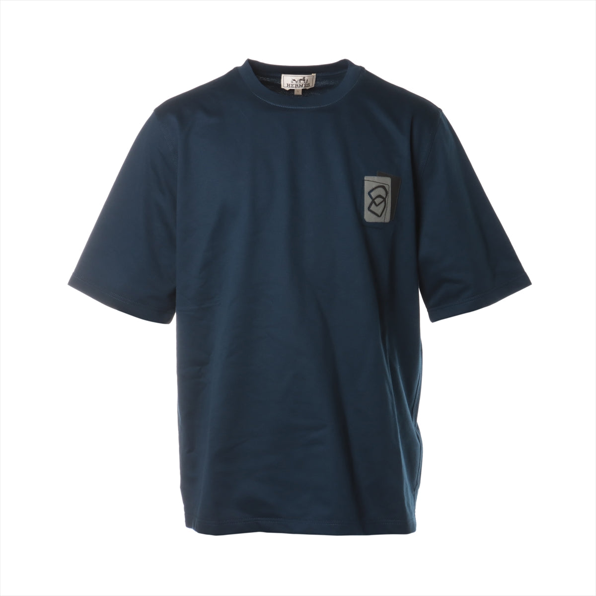 エルメス 23AW コットン Tシャツ L メンズ ネイビー  ミニレザーパッチ