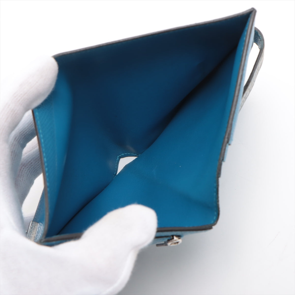 エルメス ベアンコンパクト ヴォーエプソン 財布 ブルー シルバー金具 Z:2021年