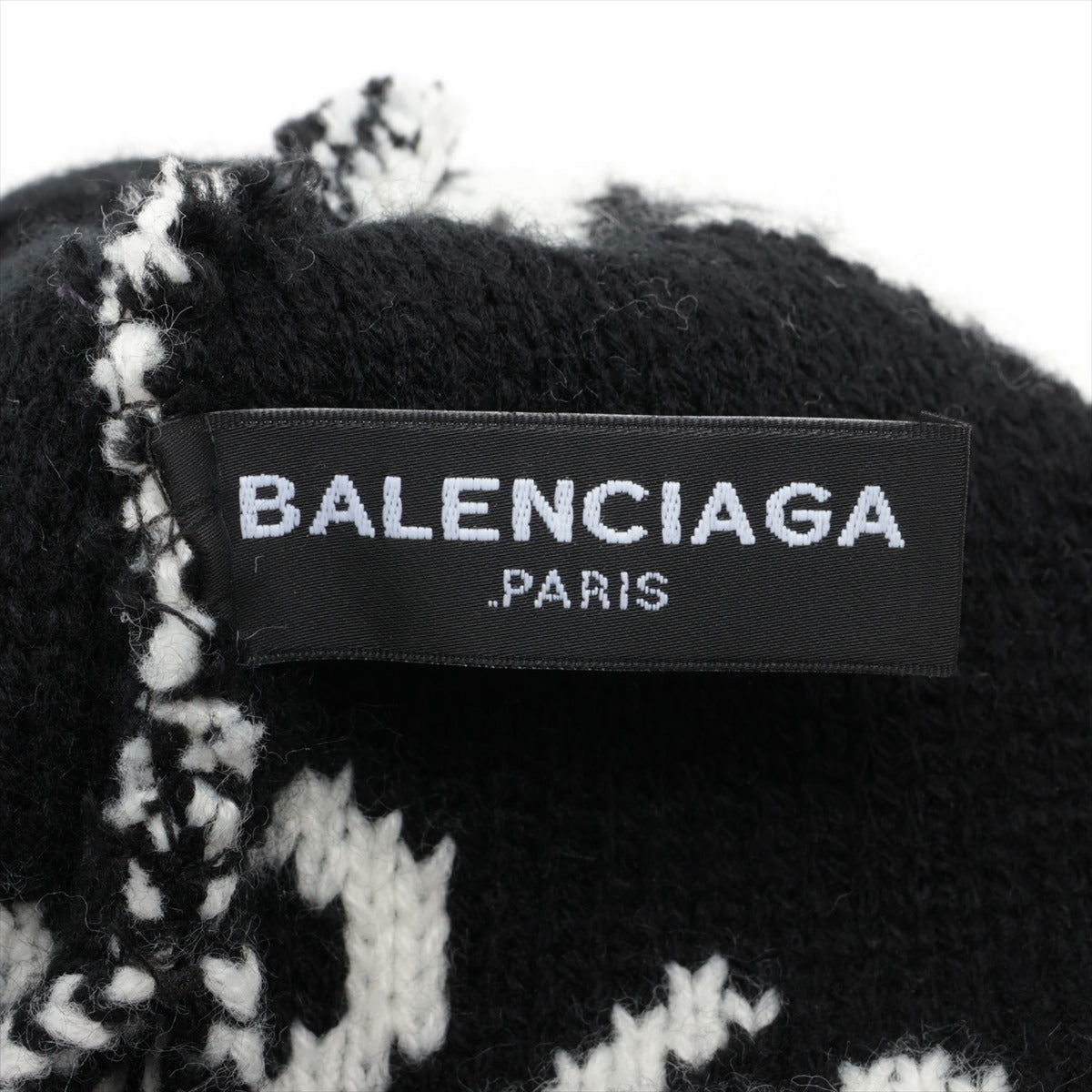 バレンシアガ ロゴ ニットキャップ ウール ブラック×ホワイト 素材表記タグなし