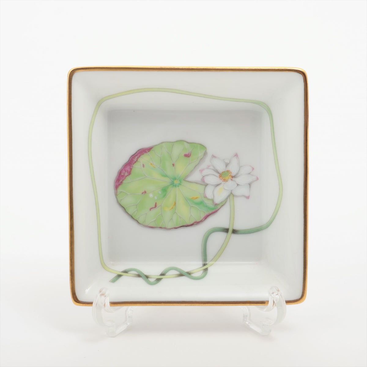 エルメス FLEURS DE LOTUS 蓮の花 ウォーターリリー 小皿 陶器 ホワイト×グリーン