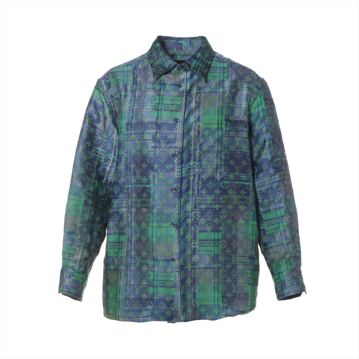 ルイヴィトン 21AW コットン×ポリエステル チェックシャツ XL メンズ グリーン×パープル  RM212 モノグラム ネオン