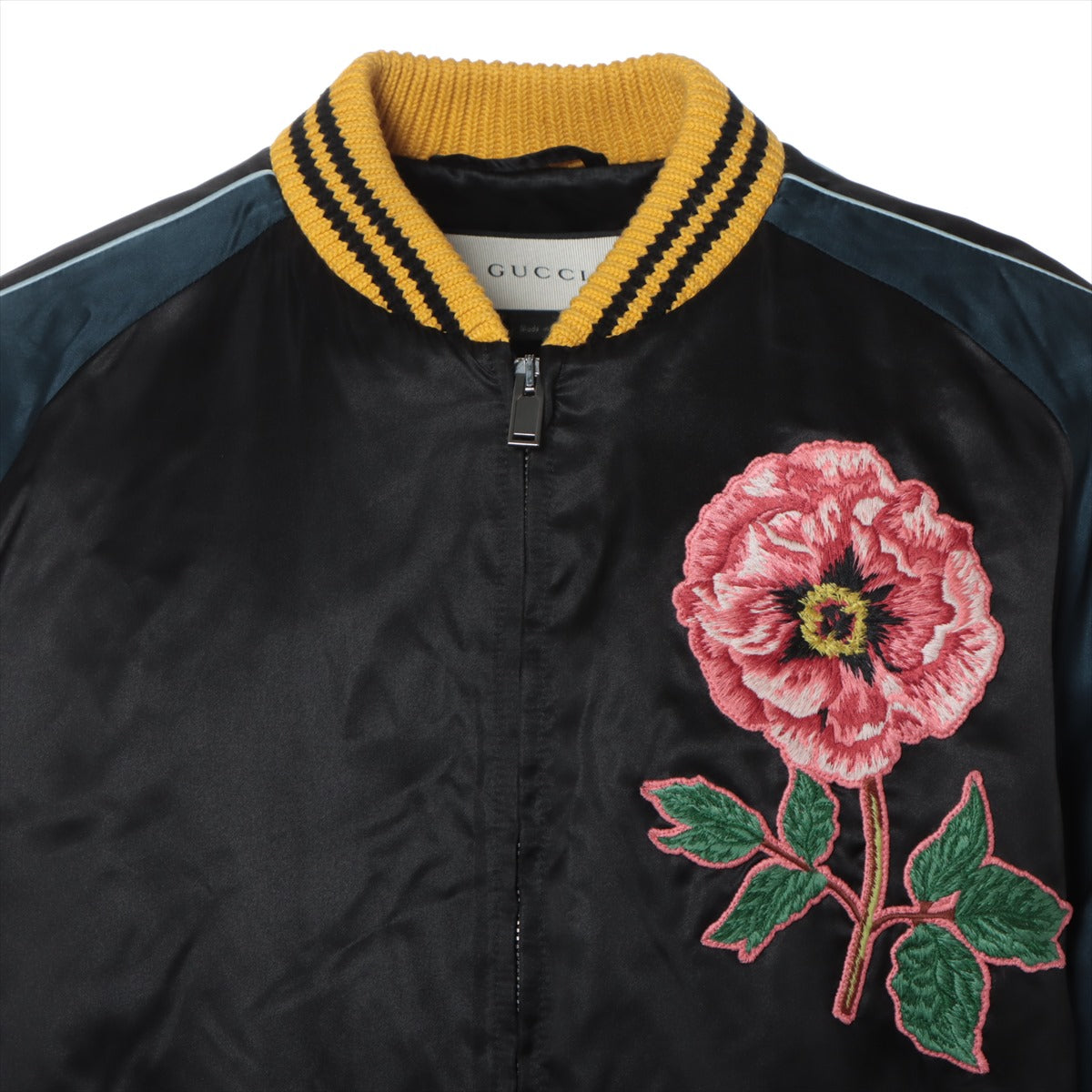 グッチ レーヨン×シルク スタジャン 52 メンズ ブラック×ネイビー  429485 2016 Embroidery Souvenir Jacket 刺繍スーベニア