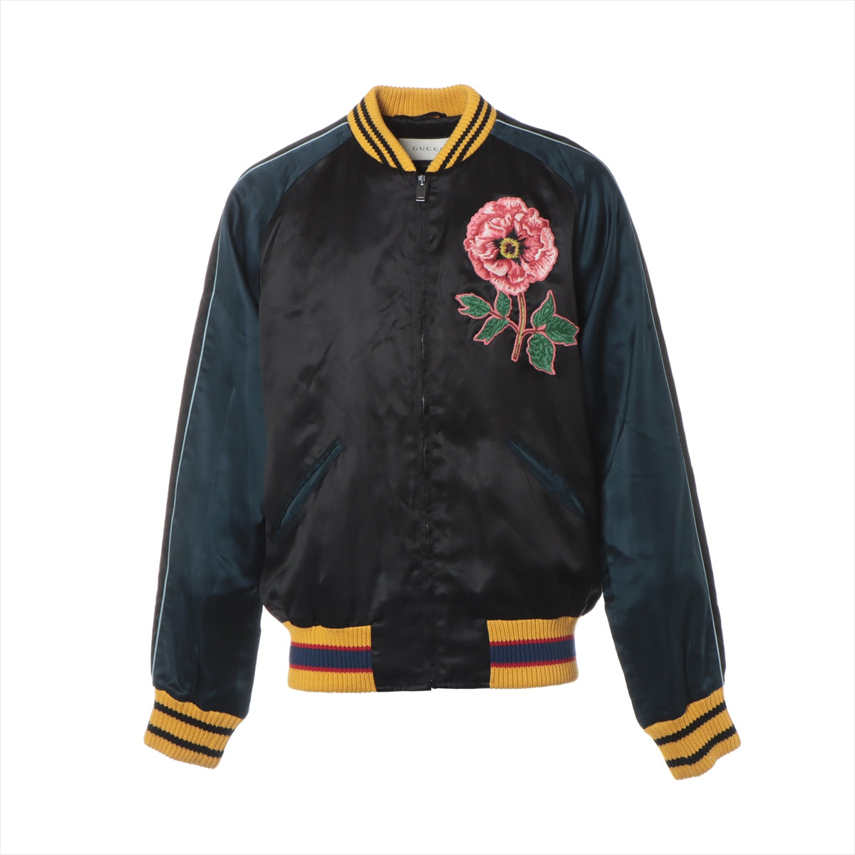 グッチ レーヨン×シルク スタジャン 52 メンズ ブラック×ネイビー  429485 2016 Embroidery Souvenir Jacket 刺繍スーベニア