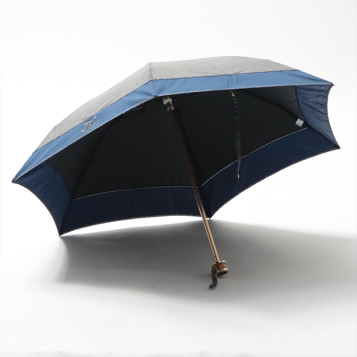 セリーヌ マカダム 折りたたみ傘 コットン×ポリエステル ブルー×グレー UVカット 1級遮光 トリオンフ