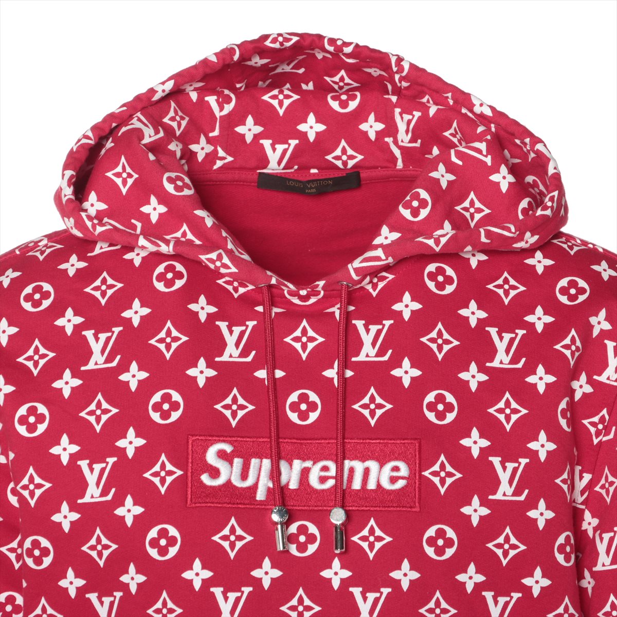 ルイヴィトン×シュプリーム 17AW コットン×レーヨン パーカー S メンズ レッド×ホワイト  HDY91WJIU モノグラム LV Box Logo Hooded Sweat shirt