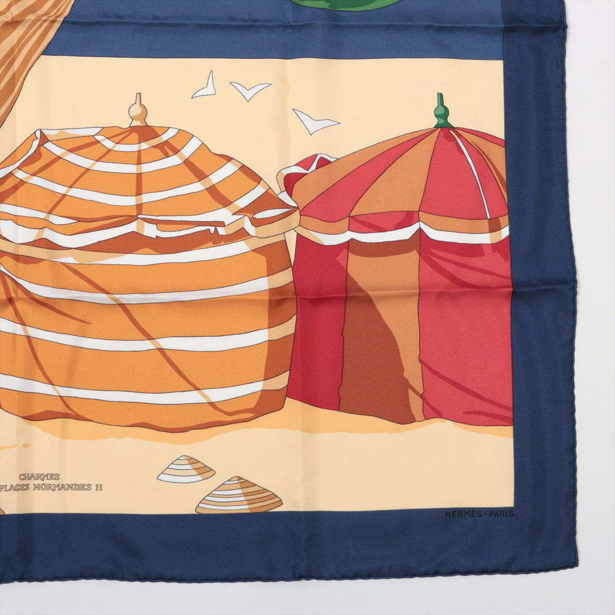 エルメス カレ90 CHARMES DES PLAGES NORMANDES ノルマンディー海岸の魅力 スカーフ シルク ネイビー