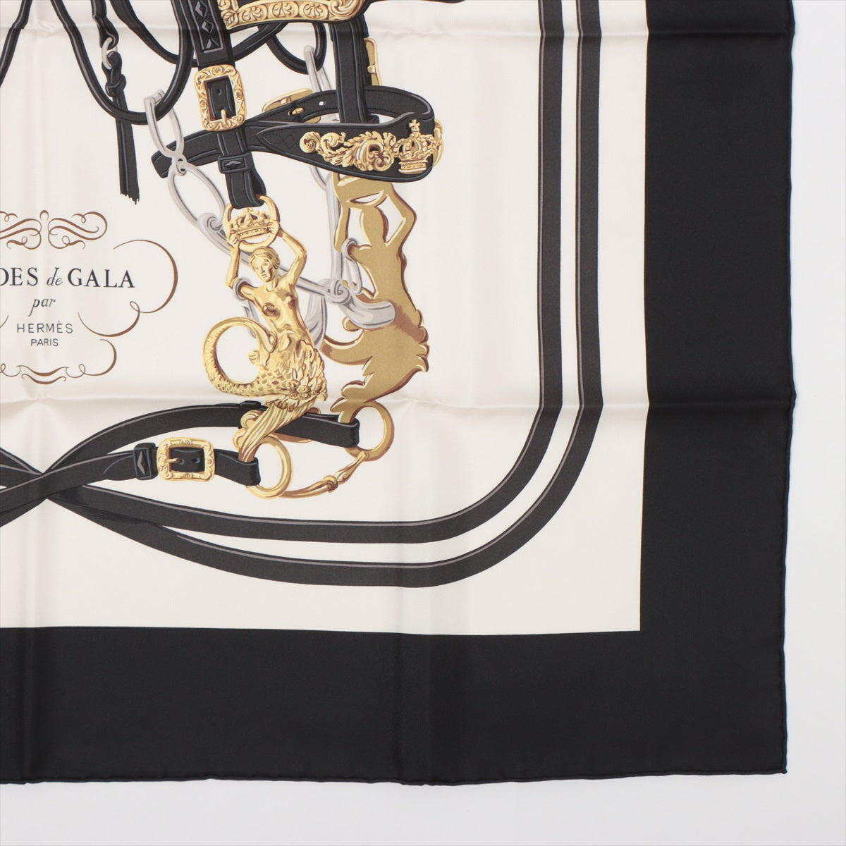 エルメス カレ90 BRIDES de GALA 式典用馬勒 スカーフ シルク ブラック