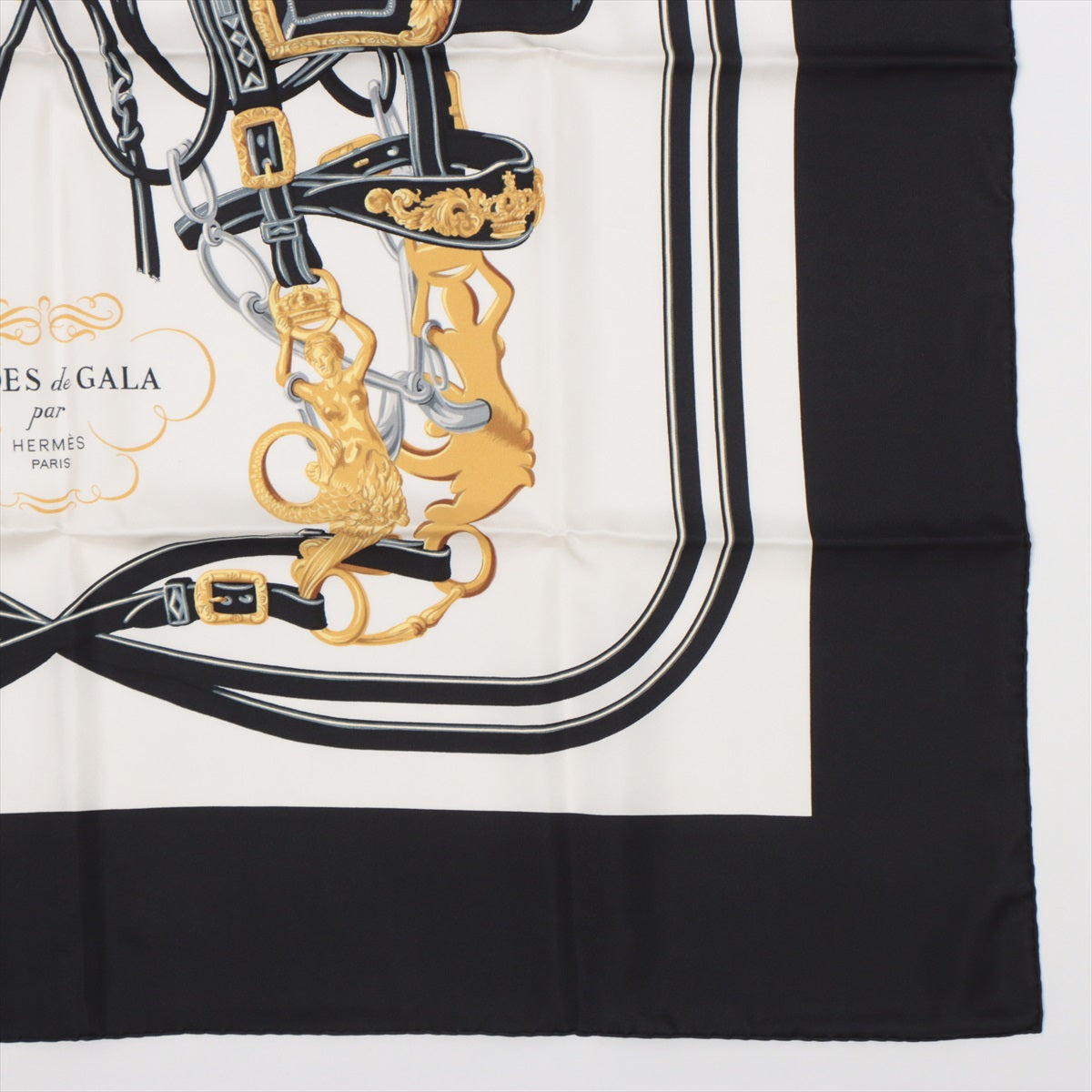 エルメス カレ90 BRIDES de GARA ブリッドドゥガラ スカーフ シルク ブラック×ホワイト