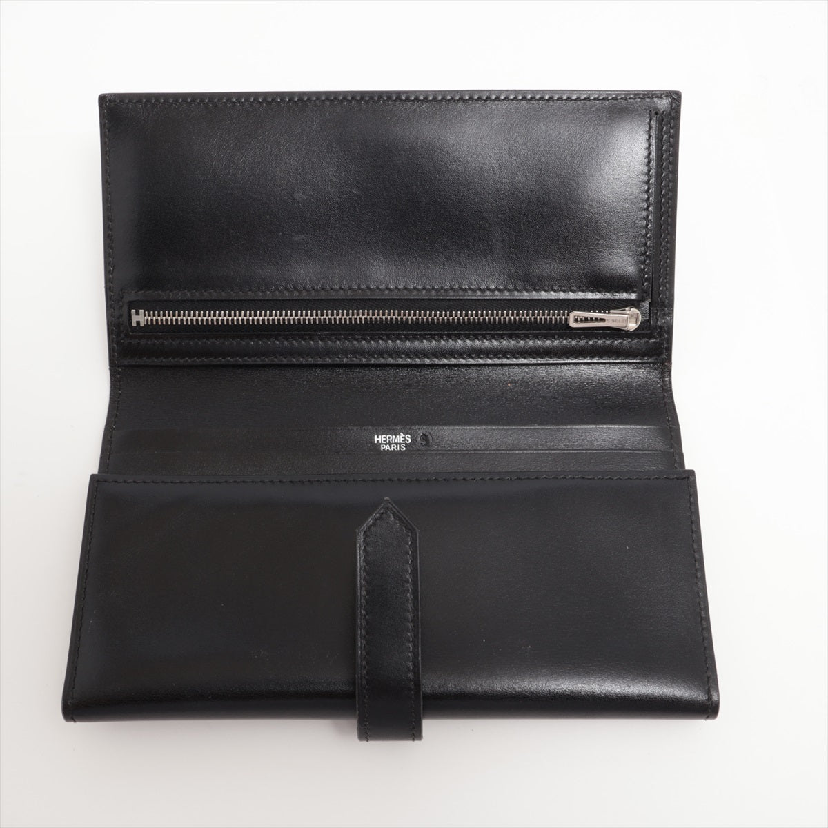 エルメス ベアン デュプリ ボックスカーフ 財布 ブラック シルバー金具 □L:2008年 ソルド品