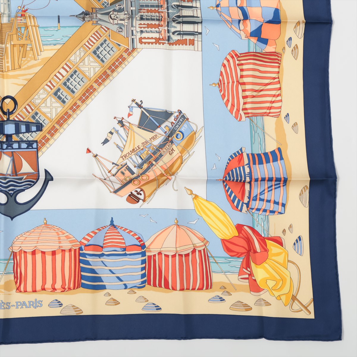 エルメス カレ90 CHARMES DES PLAGES NORMANDES ノルマンディー海岸の魅力 スカーフ シルク ネイビー