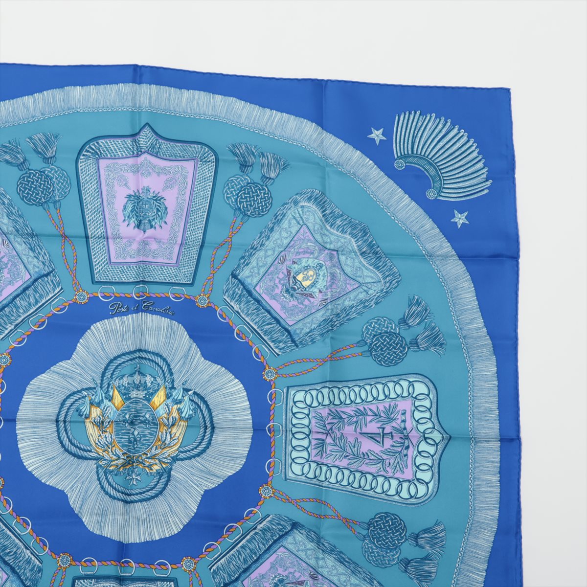 エルメス カレ90 Poste et Cavalerie サーベル飾袋 スカーフ シルク ブルー