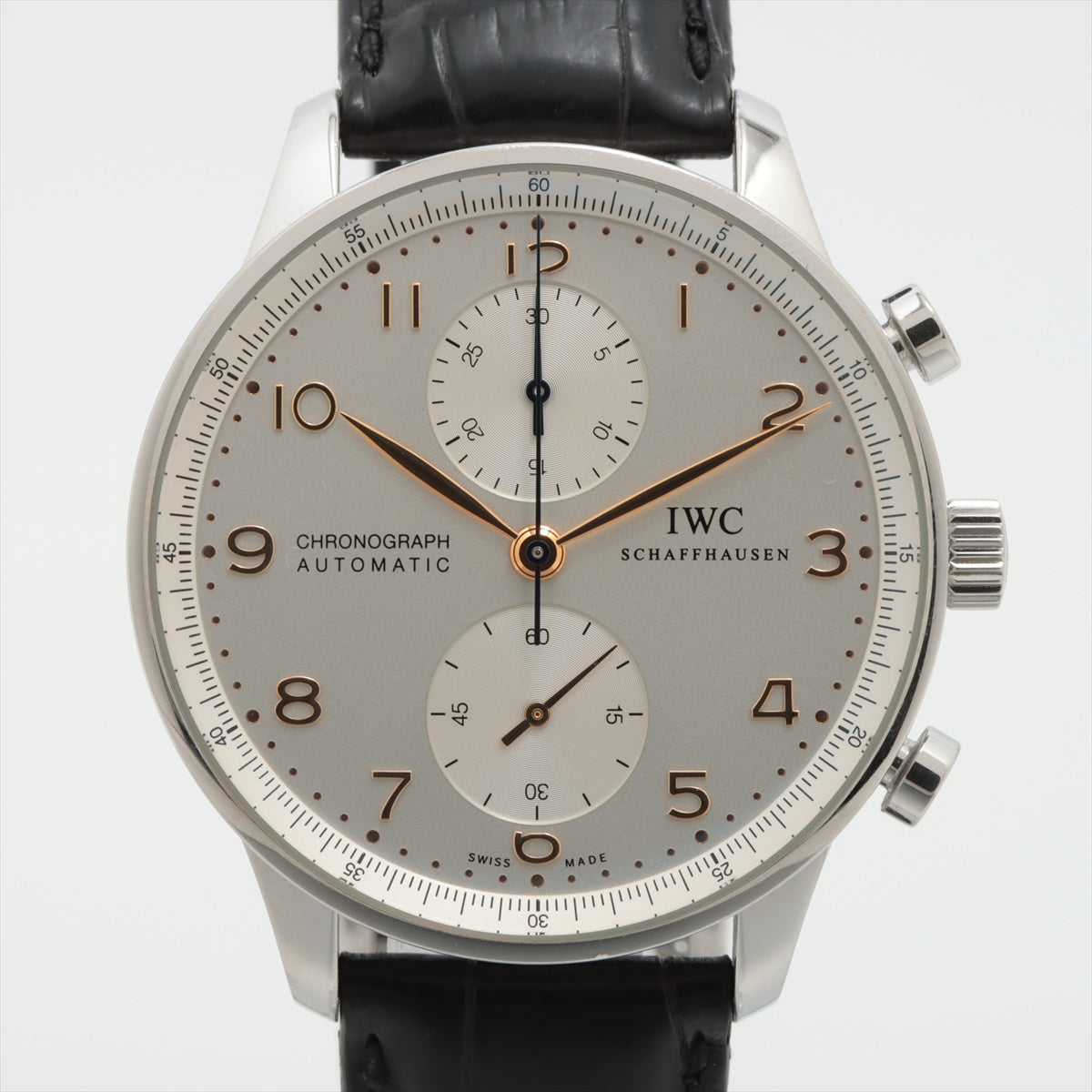 IWC ポルトギーゼ クロノグラフ IW371445 SS×革 AT シルバー文字盤