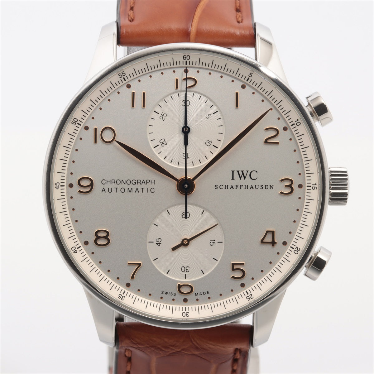 IWC ポルトギーゼ クロノグラフ IW371445 SS×革 AT シルバー文字盤