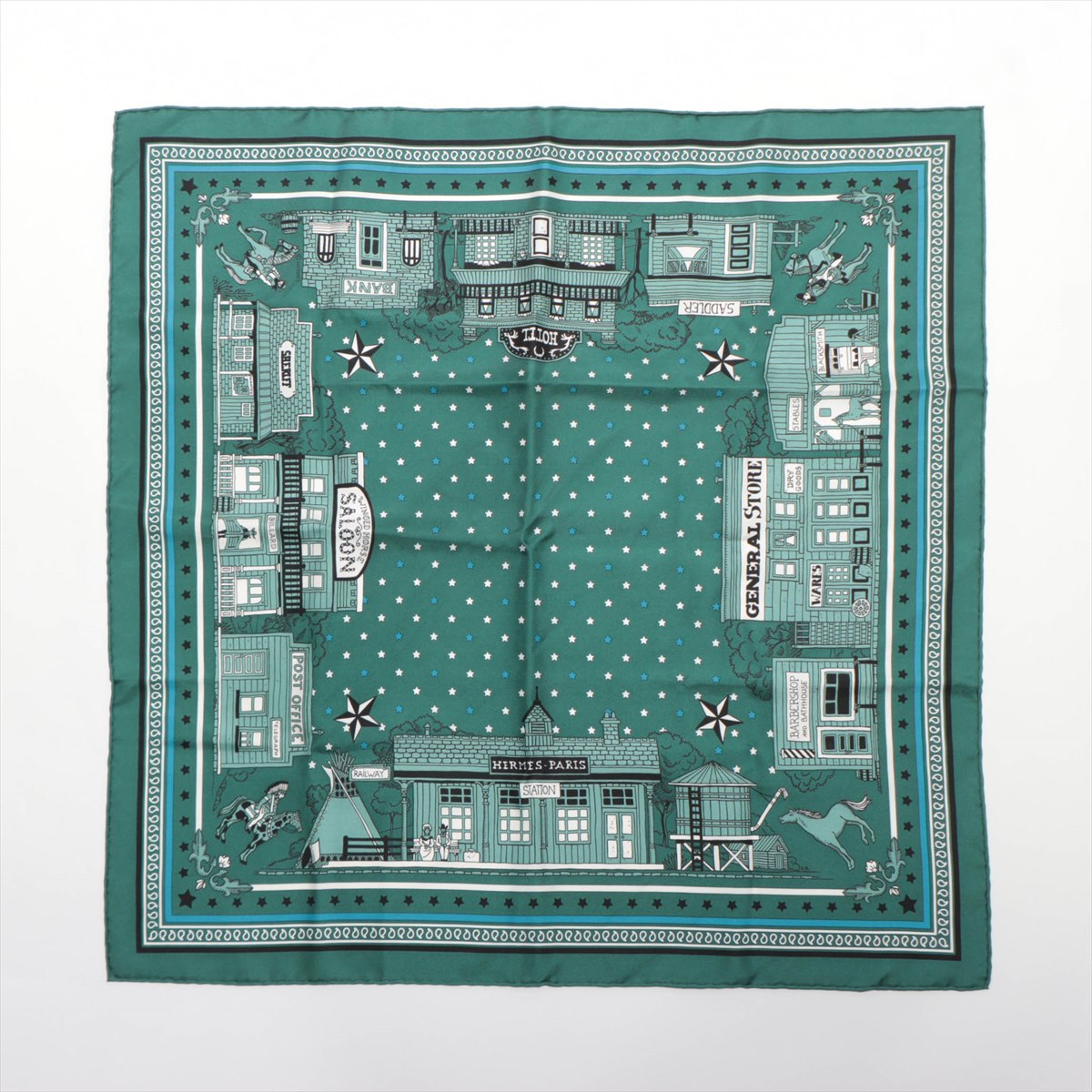 エルメス カレ55 Hermes Paris Station Bandana エルメス パリステーション バンダナ スカーフ シルク  グリー｜a3038378｜中古ブランド品・ブランド古着通販｜ALLU（アリュー）