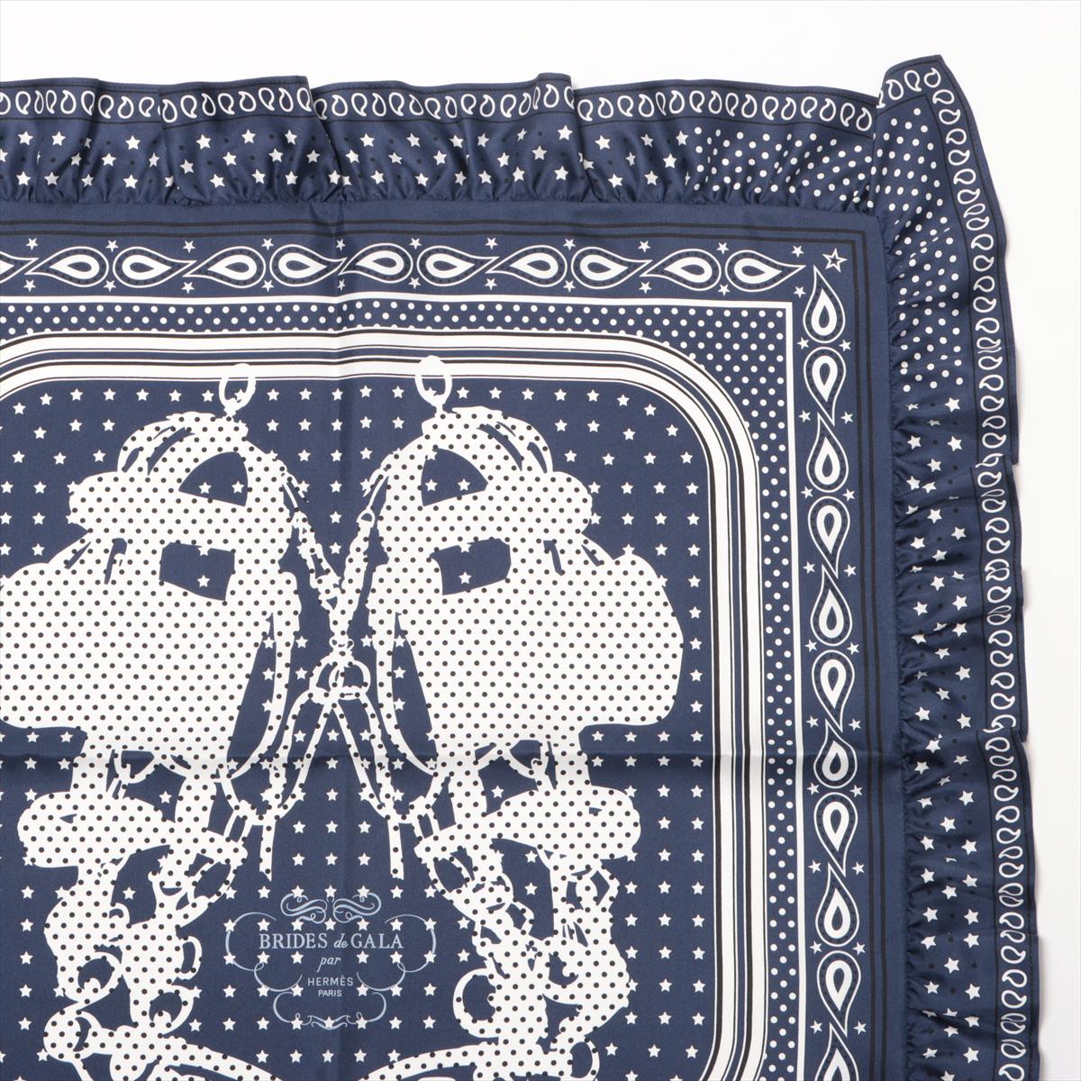 エルメス スカーフ シルク ネイビー カレ70 BRIDES DE GARA BANDANA フリル