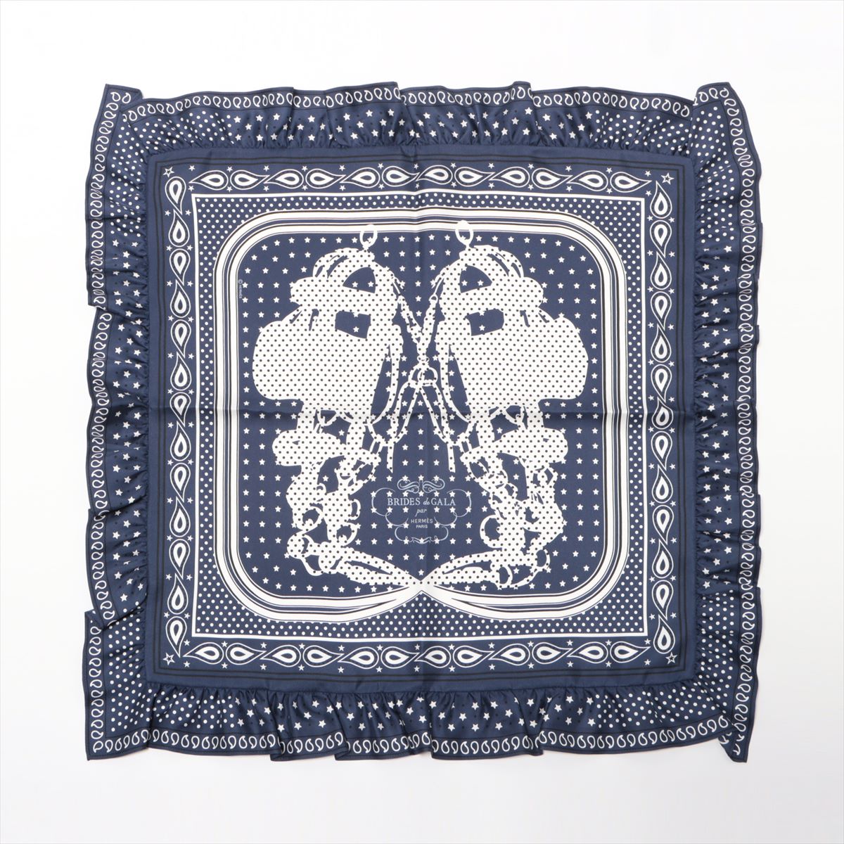 エルメス スカーフ シルク ネイビー カレ70 BRIDES DE GARA BANDANA フリル