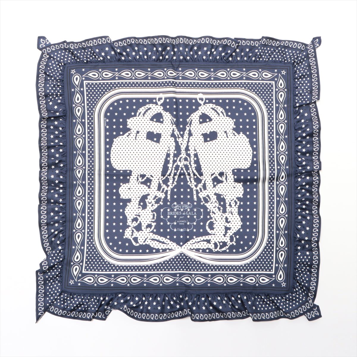 エルメス スカーフ シルク ネイビー カレ70 BRIDES DE GARA BANDANA フリル