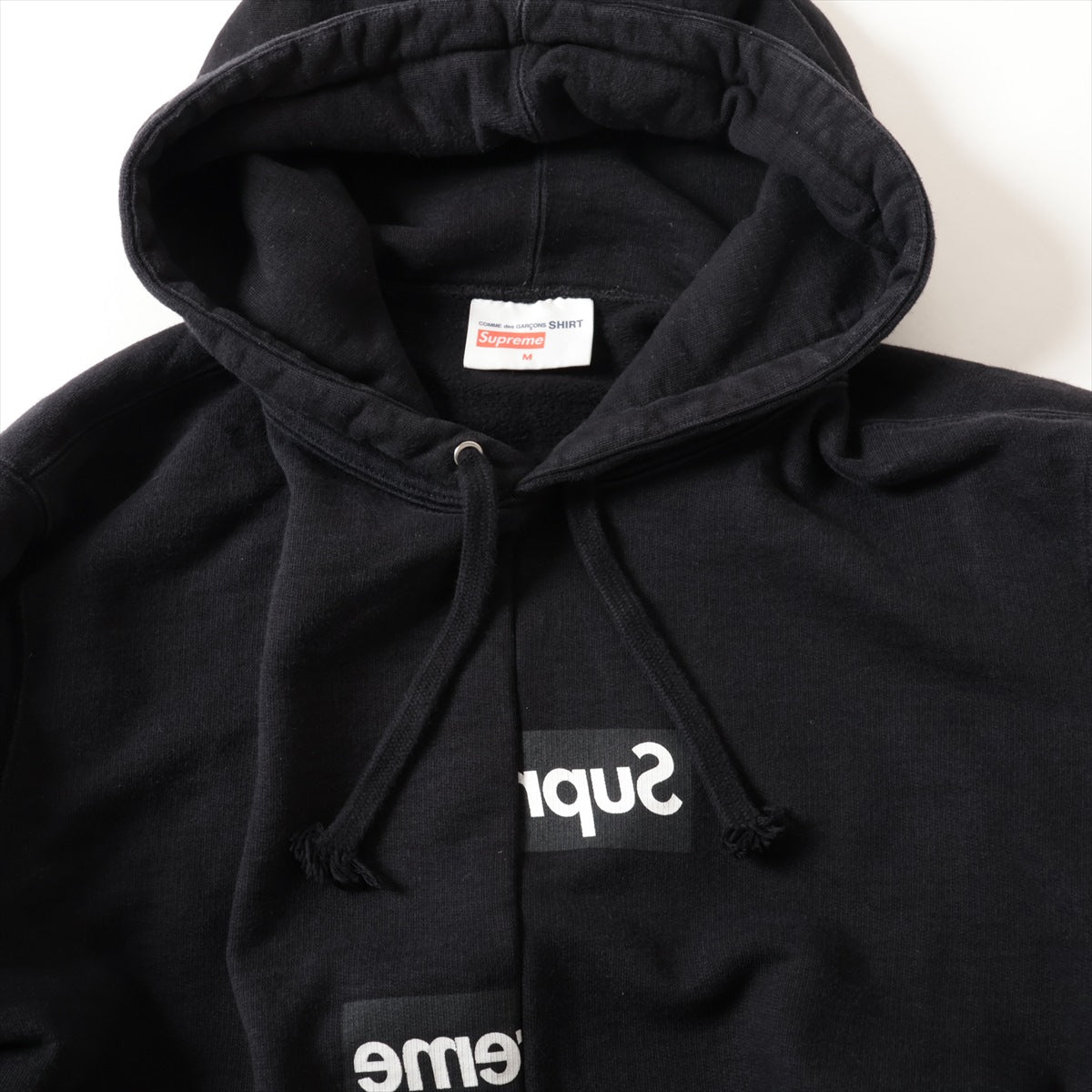 シュプリーム×コムデギャルソンシャツ 18AW コットン パーカー M メンズ ブラック  Split Box Logo Hooded Sweatshirt スレ プリントヒビ有