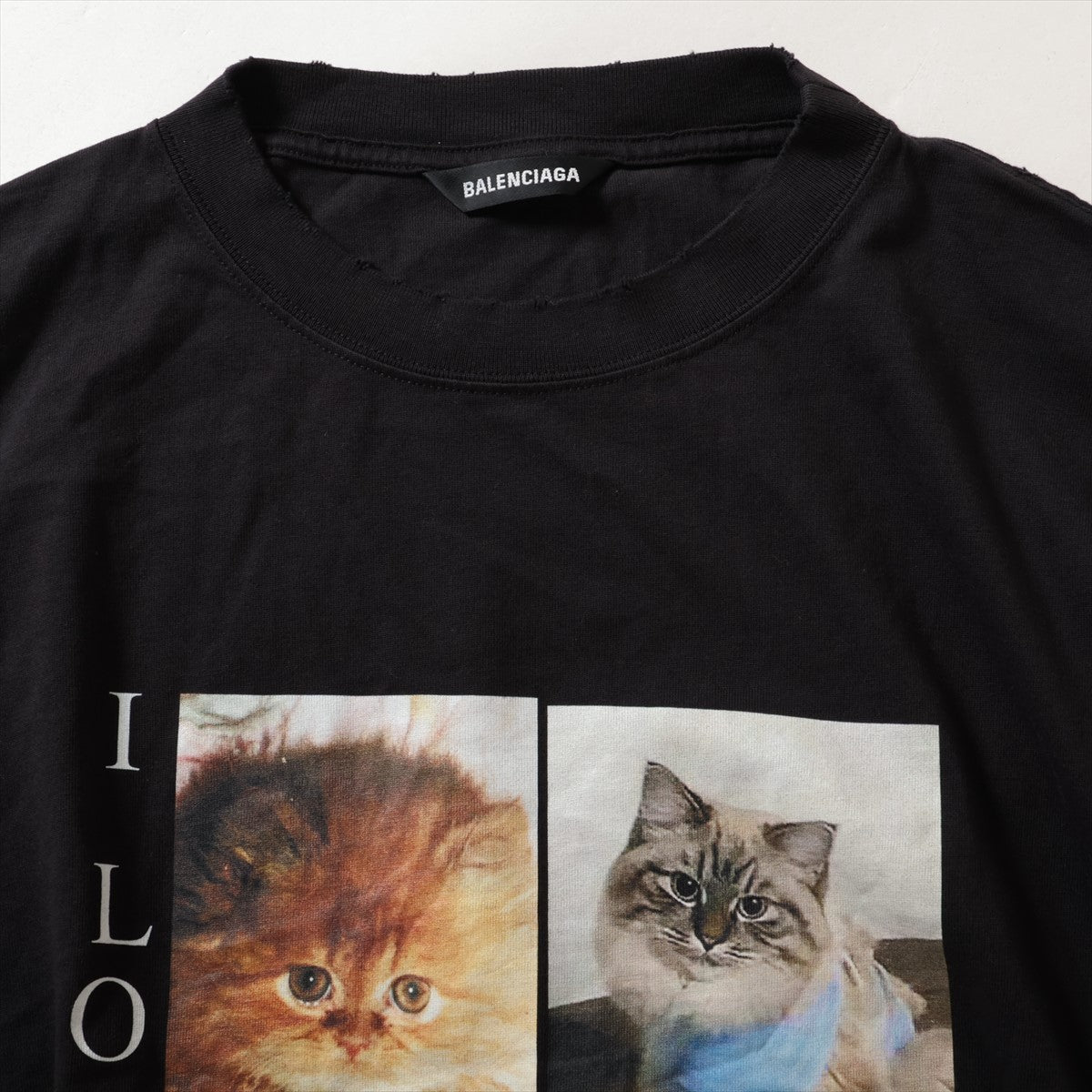 バレンシアガ 20年 コットン Tシャツ M メンズ ブラック  641614 I LOVE CATS ダメージ加工