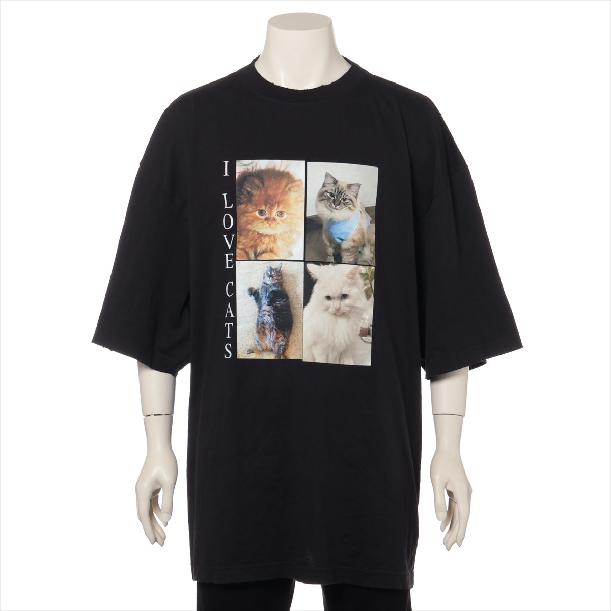 バレンシアガ 20年 コットン Tシャツ M メンズ ブラック  641614 I LOVE CATS ダメージ加工