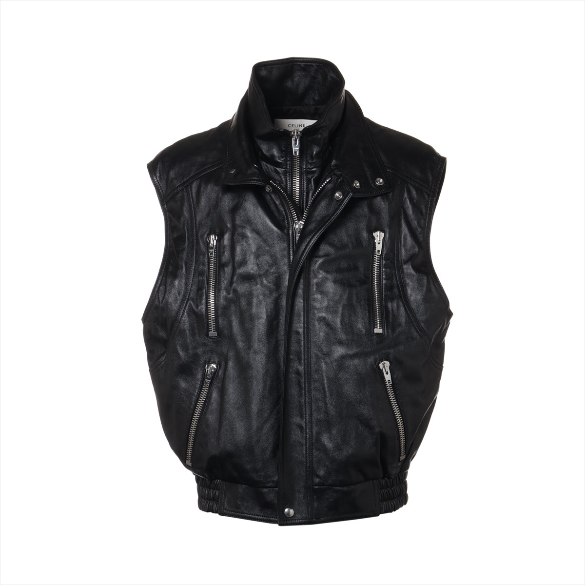 セリーヌ エディ期 ラムスキン レザージャケット 50 メンズ ブラック  2EC49280D SLEEVELESS JACKET IN SOFT LAMBSKIN