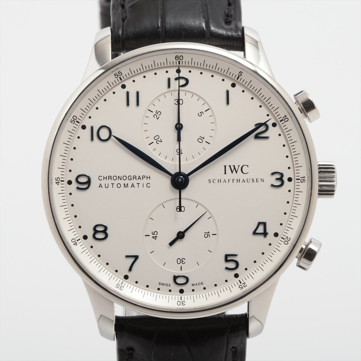 IWC ポルトギーゼ クロノグラフ IW371417 SS×社外革 AT シルバー文字盤 尾錠純正