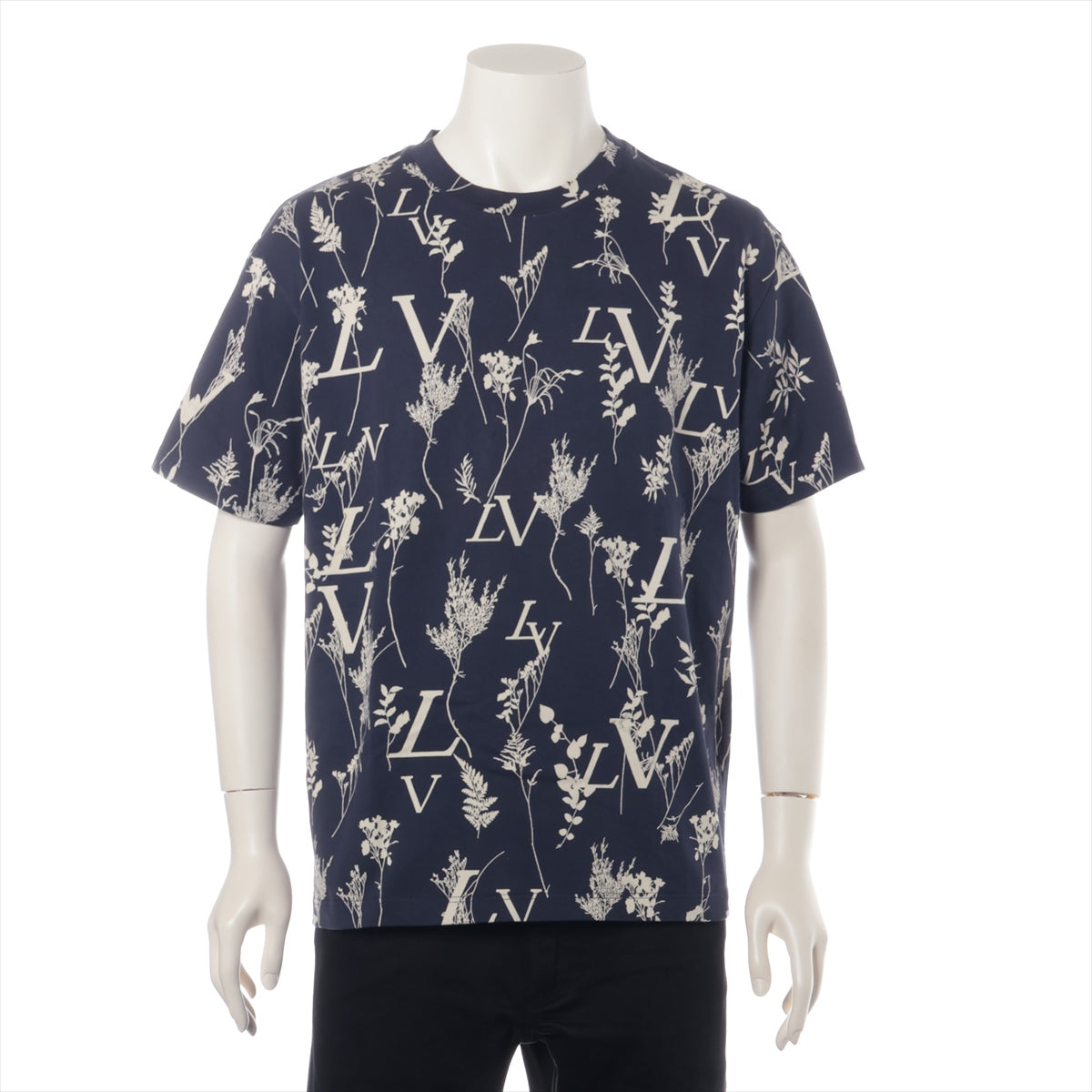 ルイヴィトン 20AW コットン Tシャツ L メンズ ネイビー  RM202M LV リーフ ディス チャージ 襟 汚れ有