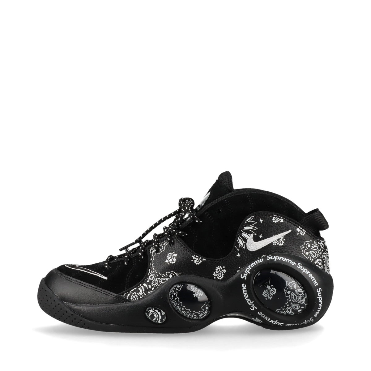 ナイキ×シュプリーム AIR ZOOM FLIGHT 95 SP レザー×スエード スニーカー 26.5cm メンズ ブラック×ホワイト DJ8604-001 ペイズリー ロゴチャーム付き