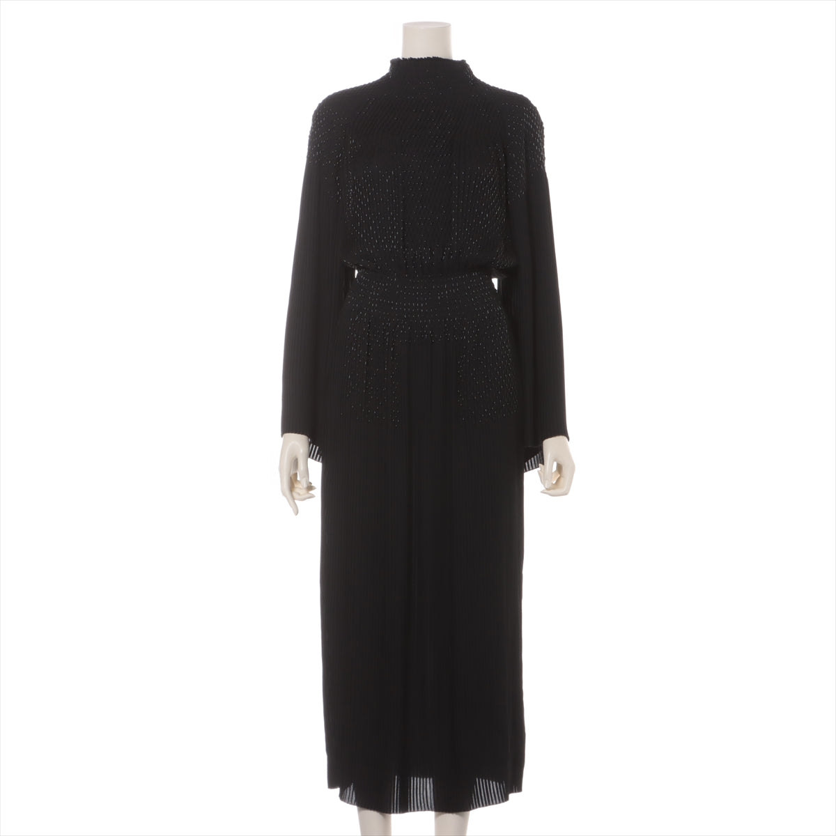 エルメス シルク×ポリエステル ワンピース 36 レディース ブラック  プリーツ ビーズ装飾 ドレス