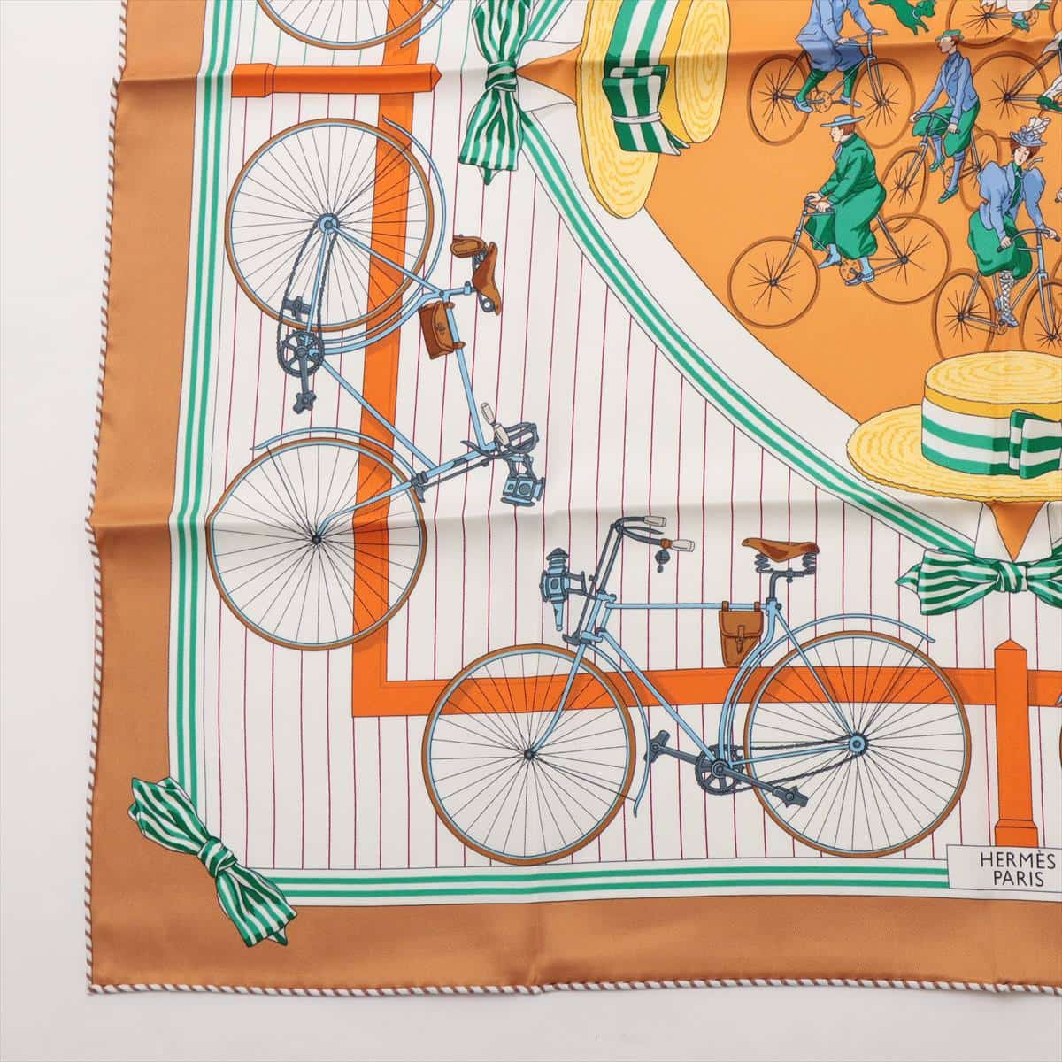 エルメス カレ70 LES BECANES 自転車 スカーフ シルク オレンジ シワ 