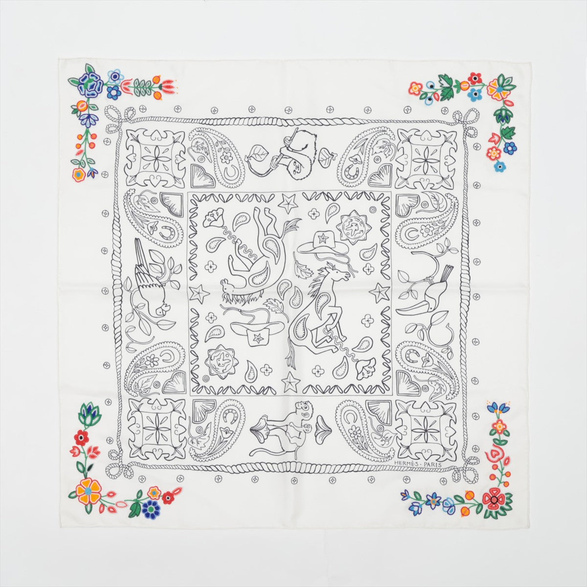エルメス アニマル バンダナ フルール ペルレ スカーフ シルク ホワイト  河原シンスケ カレ65 ビーズ 刺繍