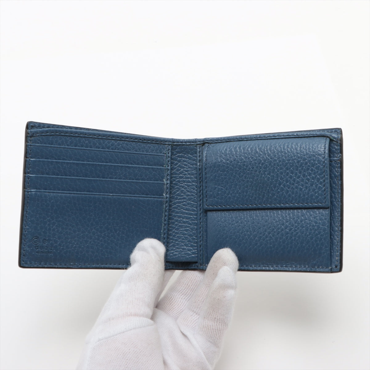 グッチ インターロッキングG 610466 レザー 二つ折り財布 ブラック×ブルー Ⓖ刻印