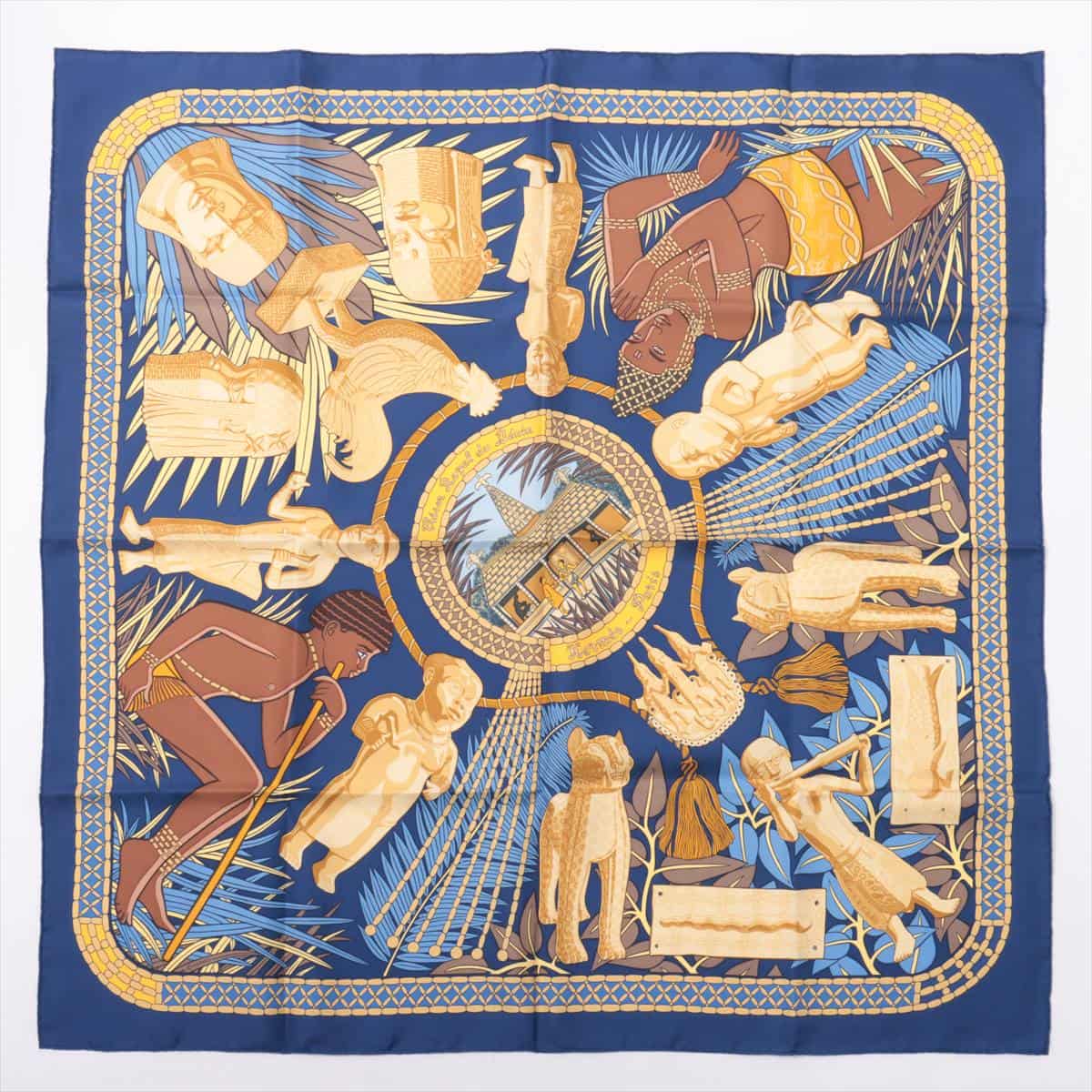 エルメス カレ90 Tresor Royal du Benin ベナンの王家の宝物 スカーフ シルク ブルー