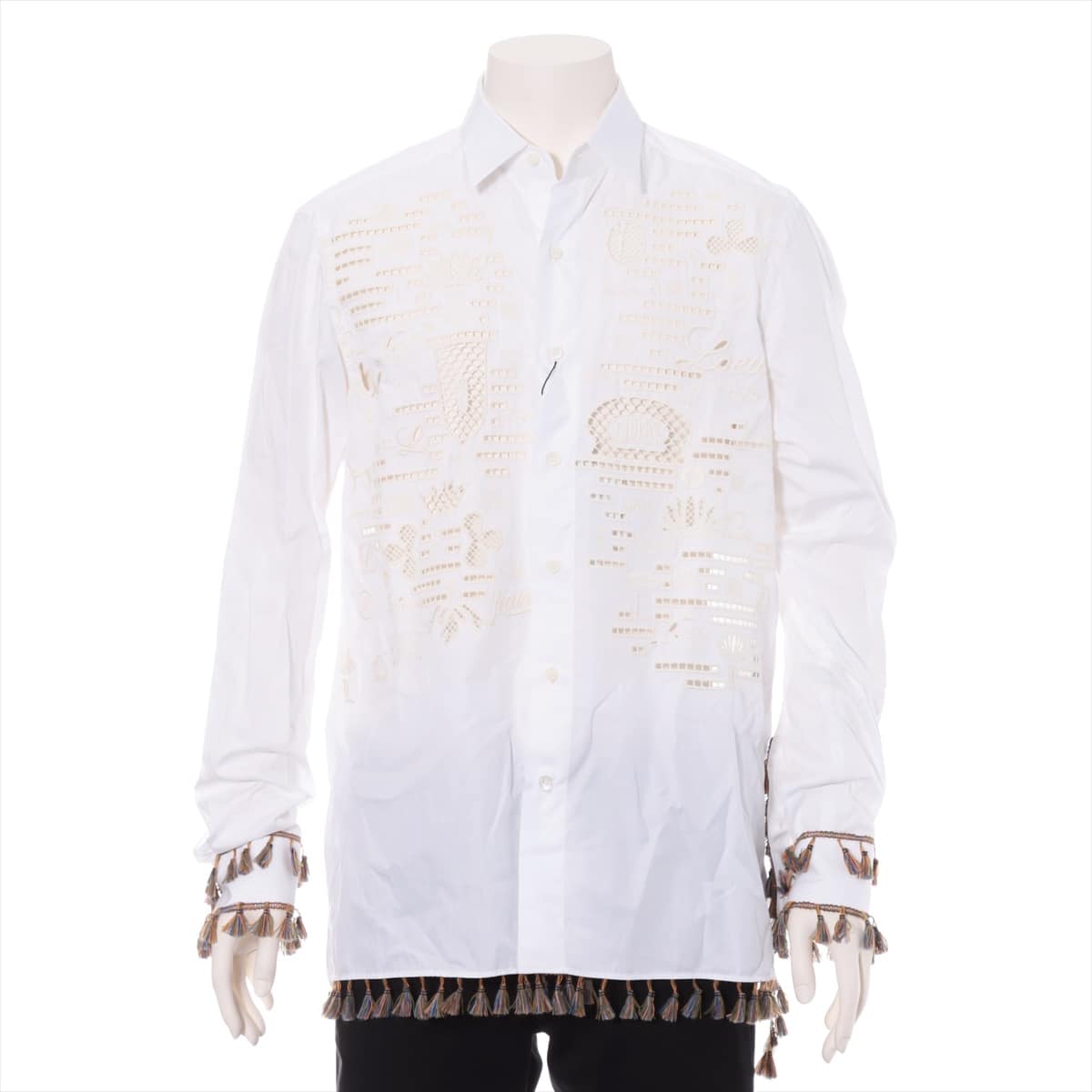 ロエベ コットン シャツ 39 メンズ ホワイト  刺繍 フリンジ