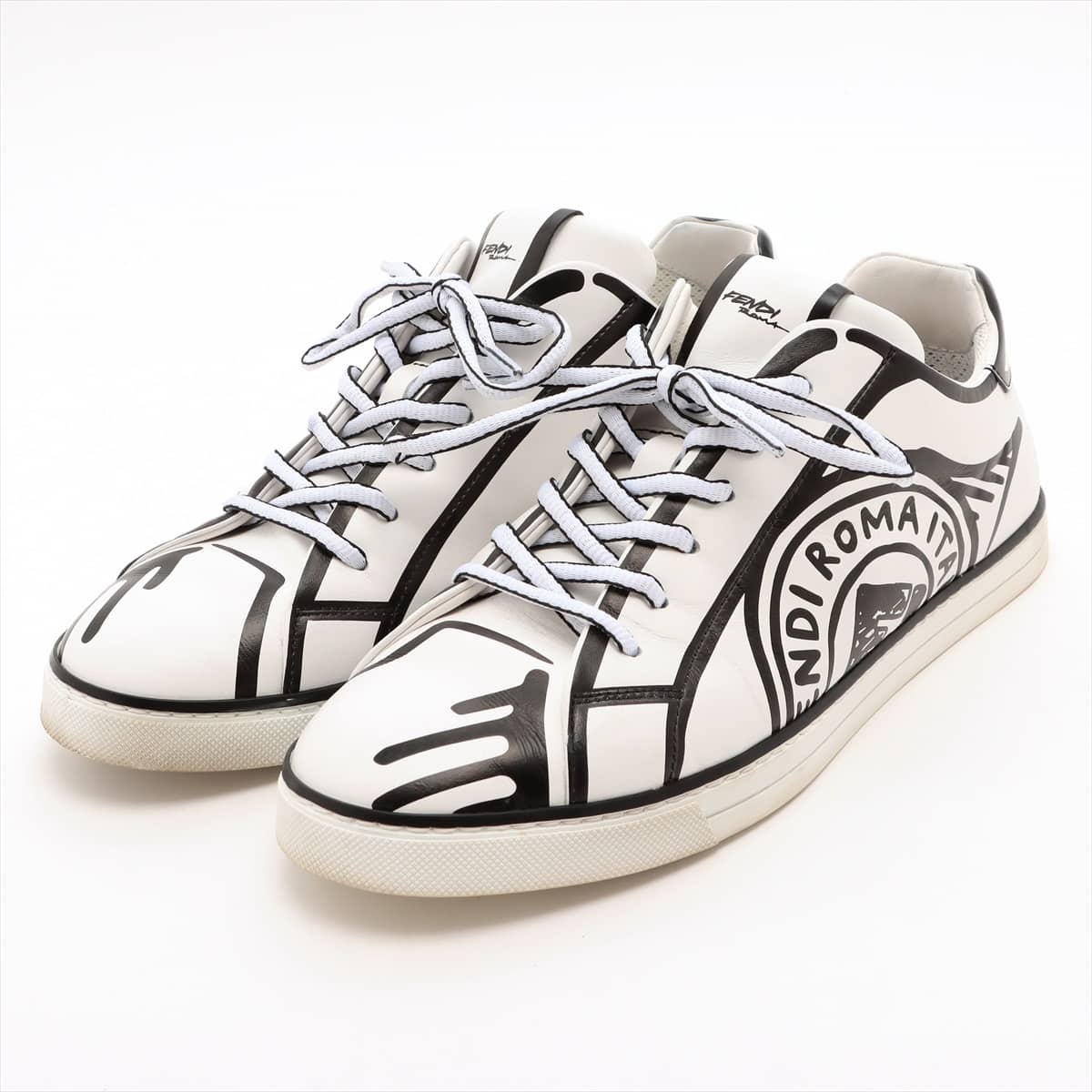 フェンディ レザー スニーカー 7 メンズ ホワイト Trompe L'Oeil Stamp Leather Sneakers