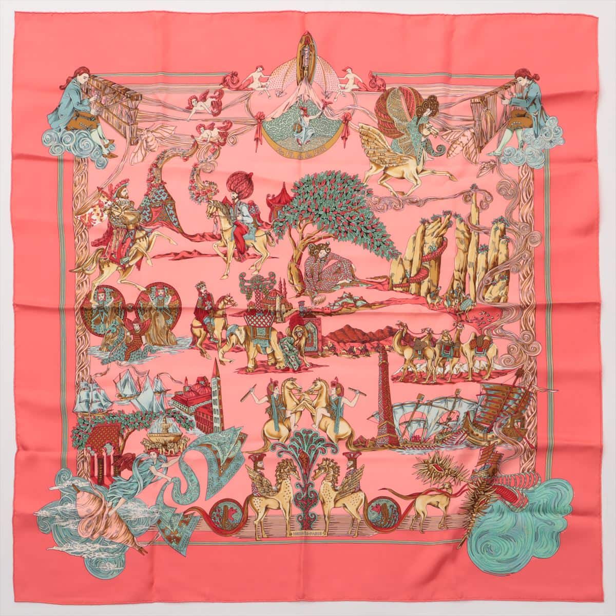 エルメス カレ90 Au FIL de la SOIE 絹糸の赴くままに スカーフ シルク ピンク