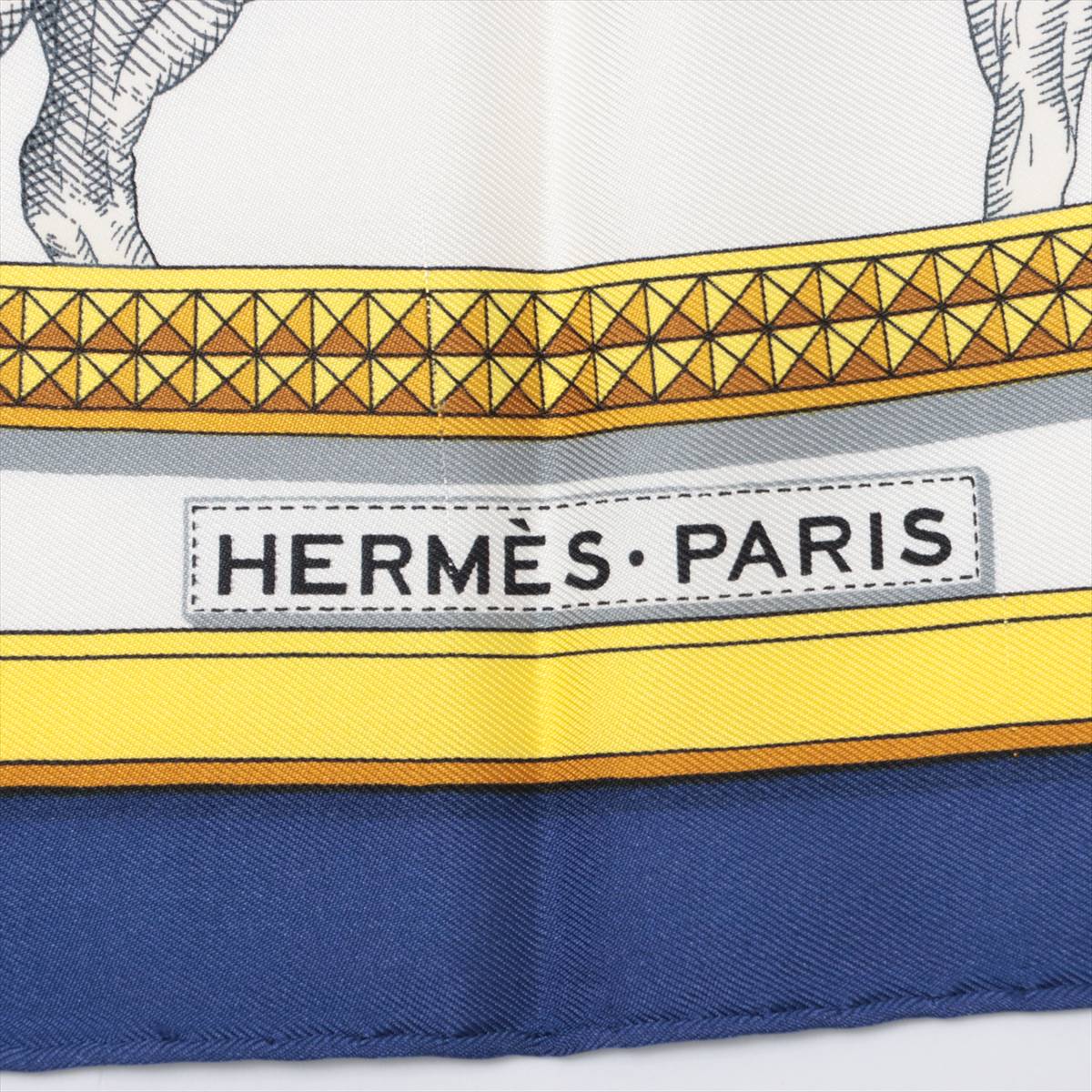 エルメス カレ90  GRAND APPARAT 盛装の馬 スカーフ シルク ブルー×ホワイト