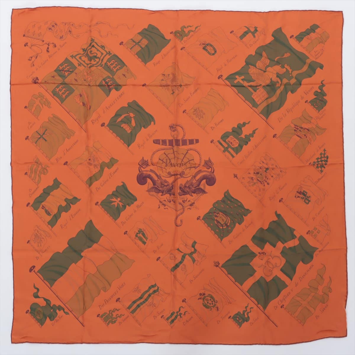 エルメス カレ90 PAVOIS 船旗 スカーフ シルク オレンジ