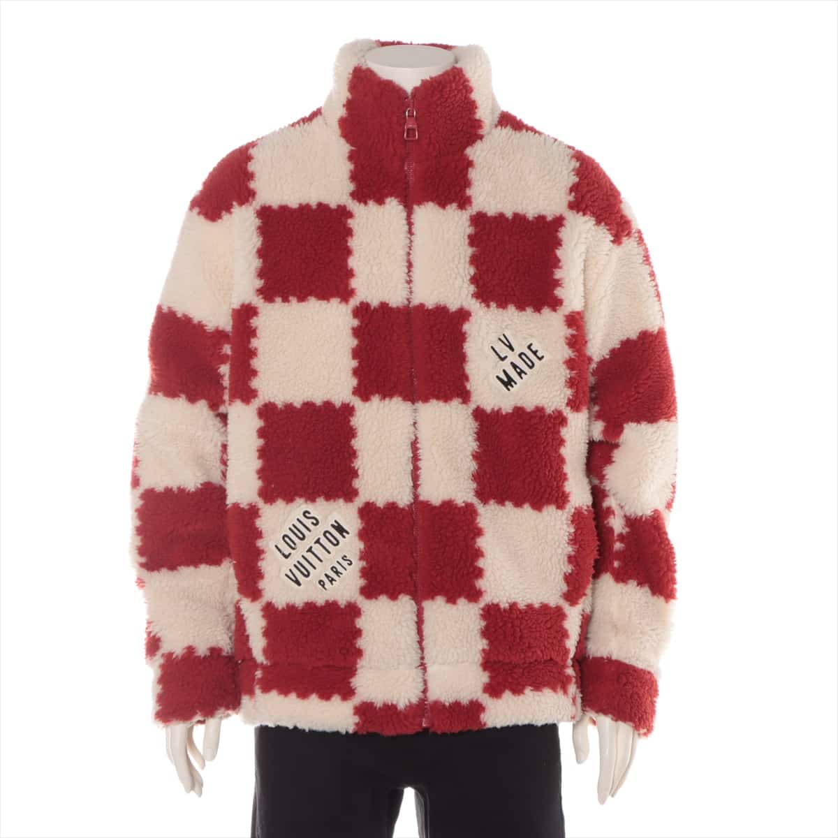 ルイヴィトン×NIGO 22SS ボア ジャケット L メンズ レッド×ホワイト  ジャカードダミエ RM221M CHECKER FLEECE JACKET