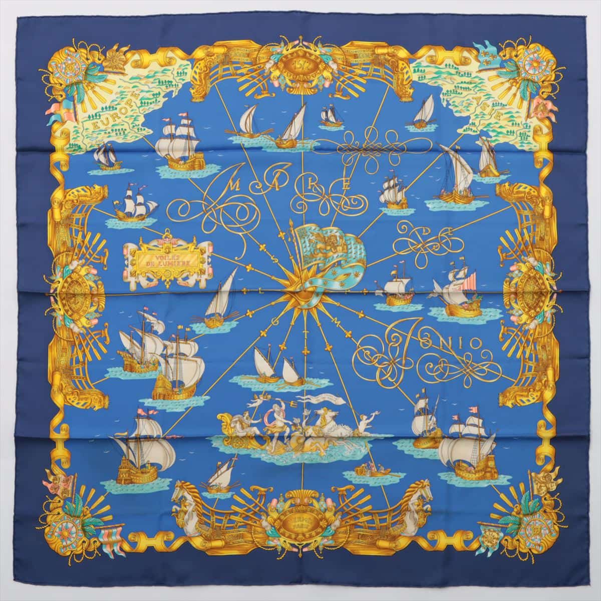 エルメス カレ90 VOILES DE LUMIERE 光の帆船 スカーフ シルク ブルー