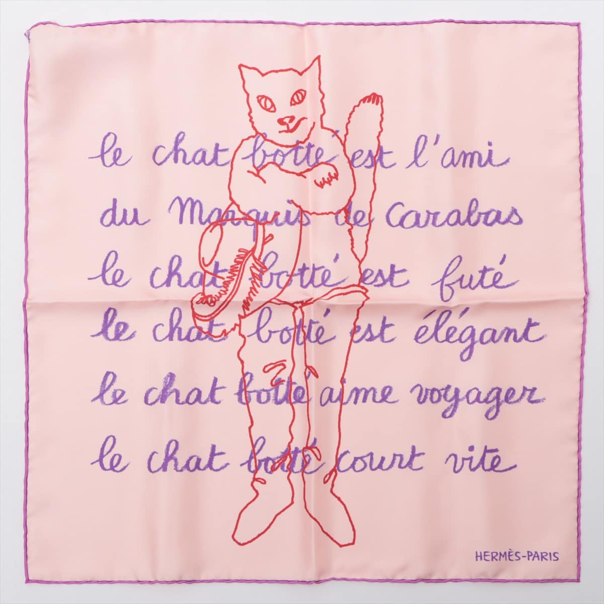エルメス スカーフ シルク ピンク カレ45 Le Chat Botte 長靴をはいた猫
