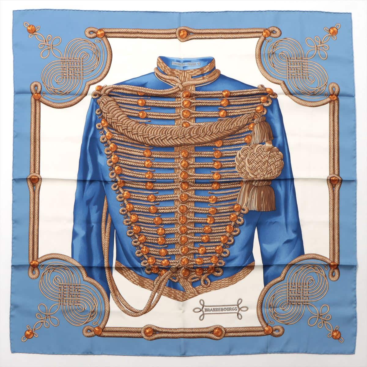 エルメス カレ90 BRANDEBOURGS ブランデンブルク飾り スカーフ シルク ブルー