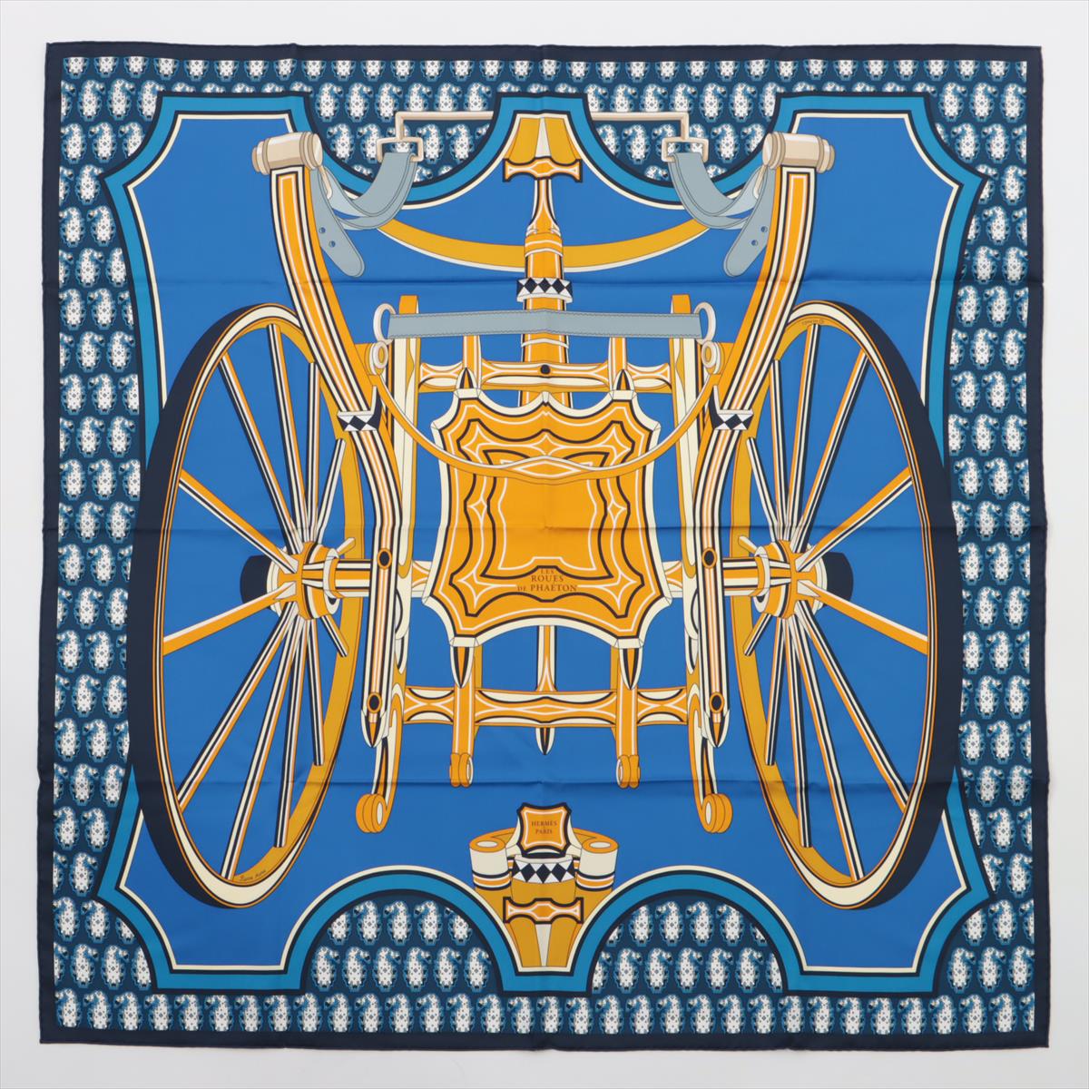 エルメス カレ90 LES ROUES DE PHAETON 四輪馬車の車輪 スカーフ シルク ブルー