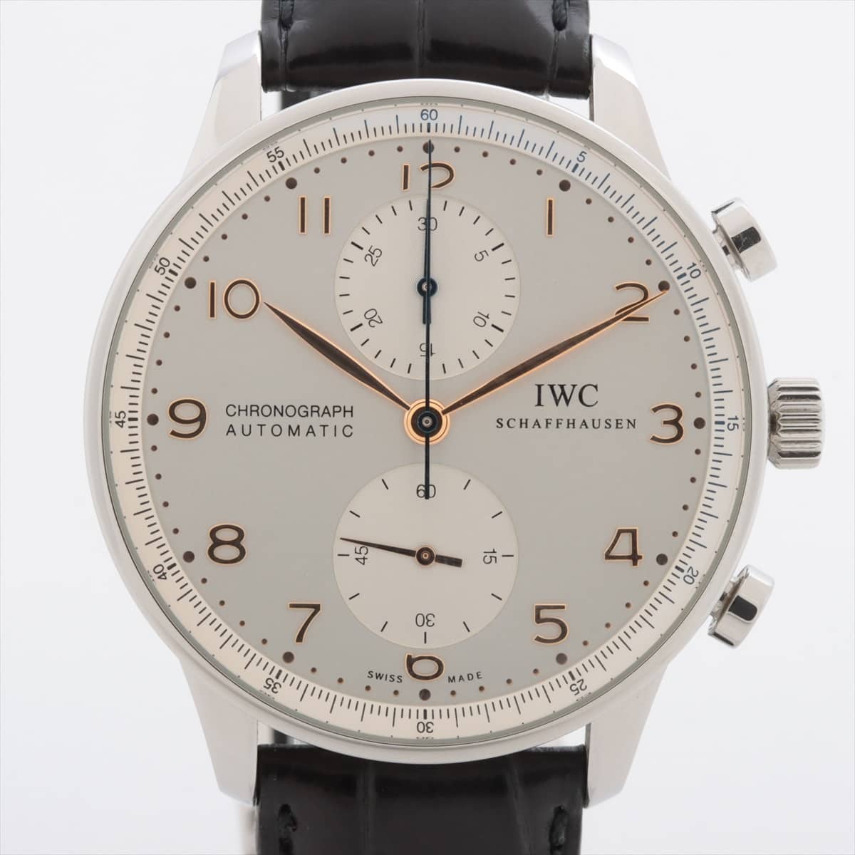 IWC ポルトギーゼ クロノグラフ IW371445 SS×革 AT シルバー文字盤