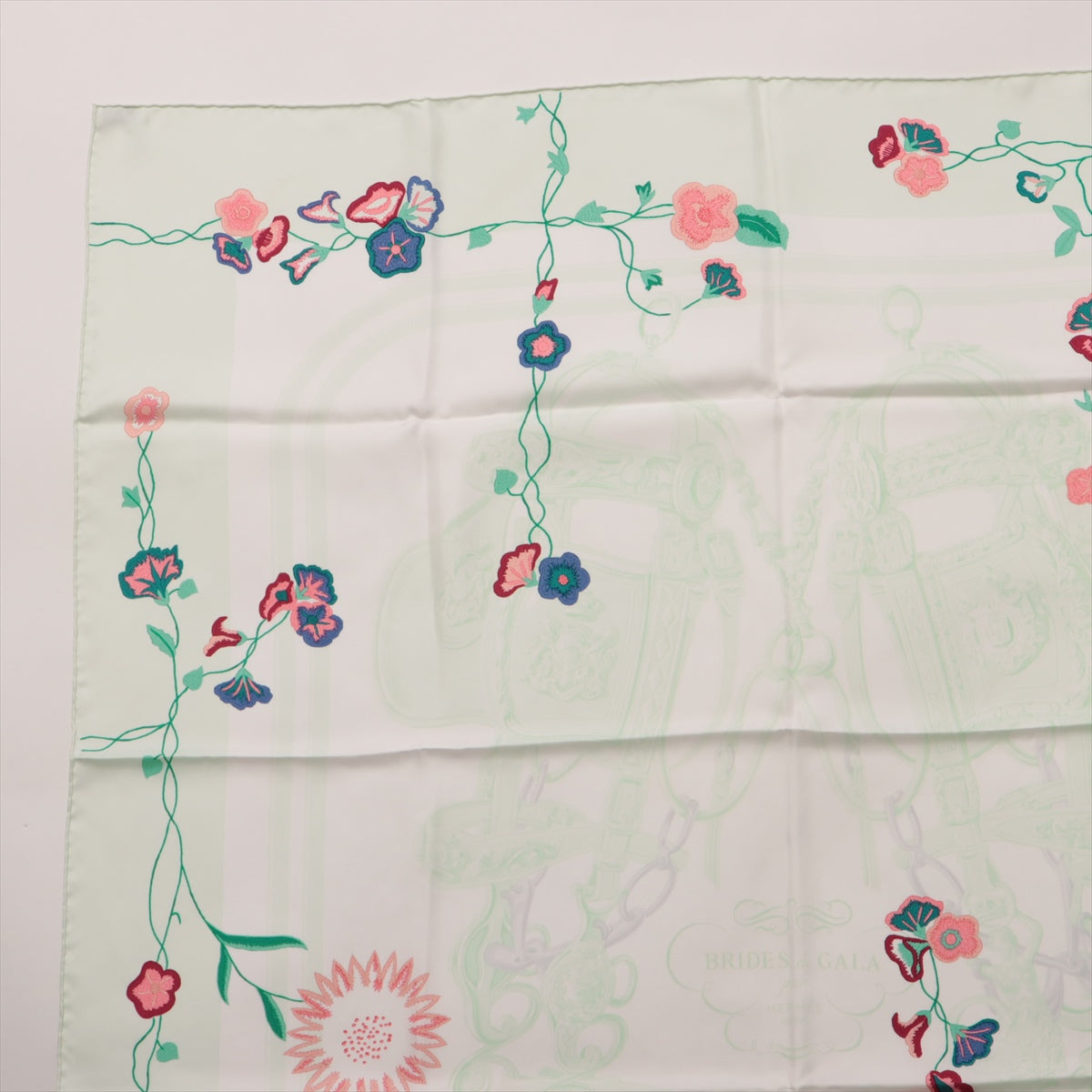 エルメス カレ90 BRIDES de GALA 式典用馬勒 スカーフ シルク ベージュ×グリーン FLOWER 花柄