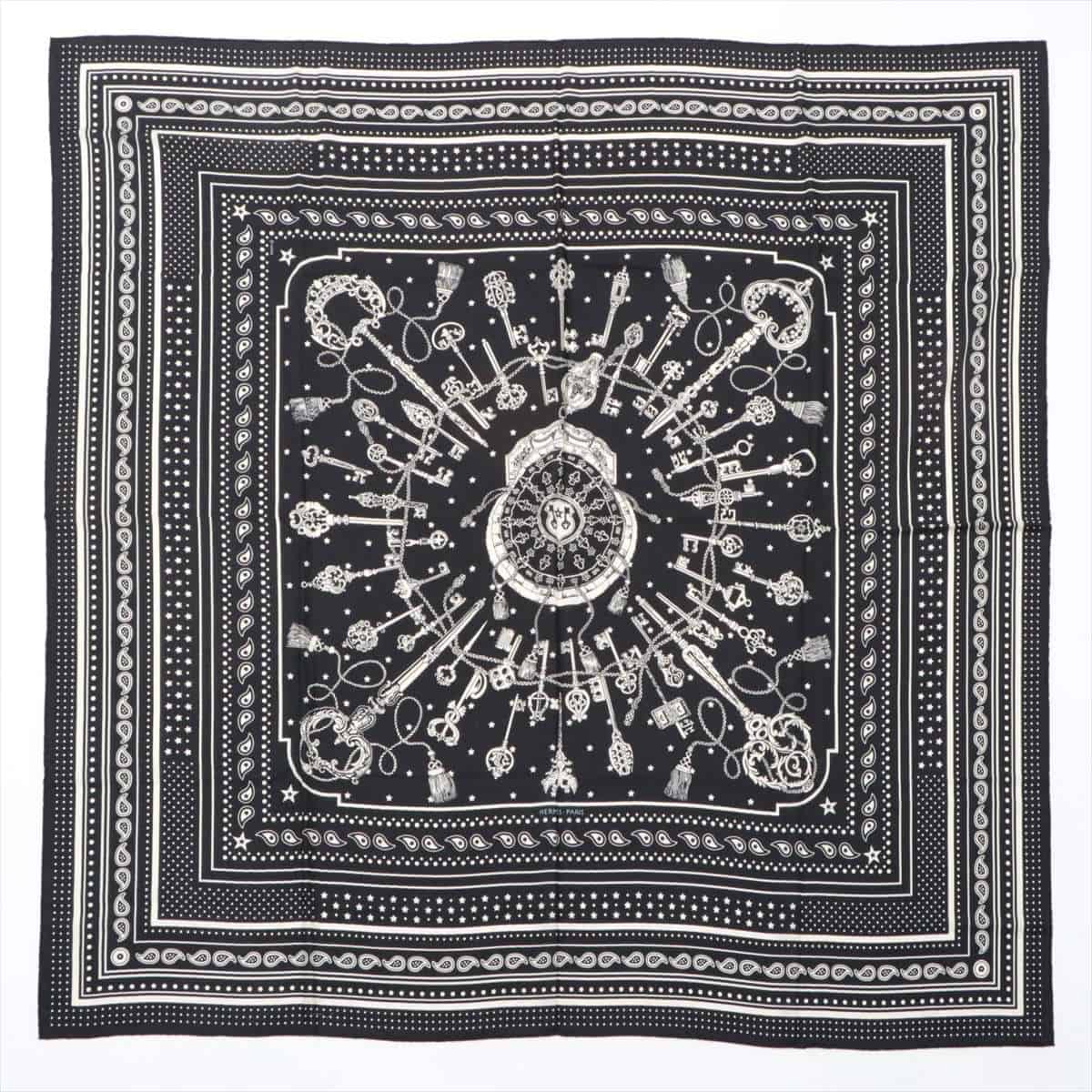 エルメス カレジェアン Les Cles Bandana スカーフ カシミヤ×シルク ブラック