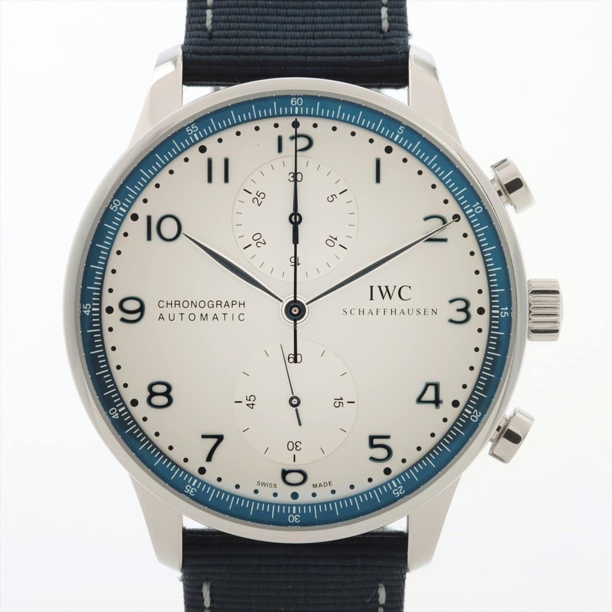 IWC ポルトギーゼ・クロノグラフ・ブヘラ・ブルーエディション IW371492 SS×ナイロン AT シルバー文字盤