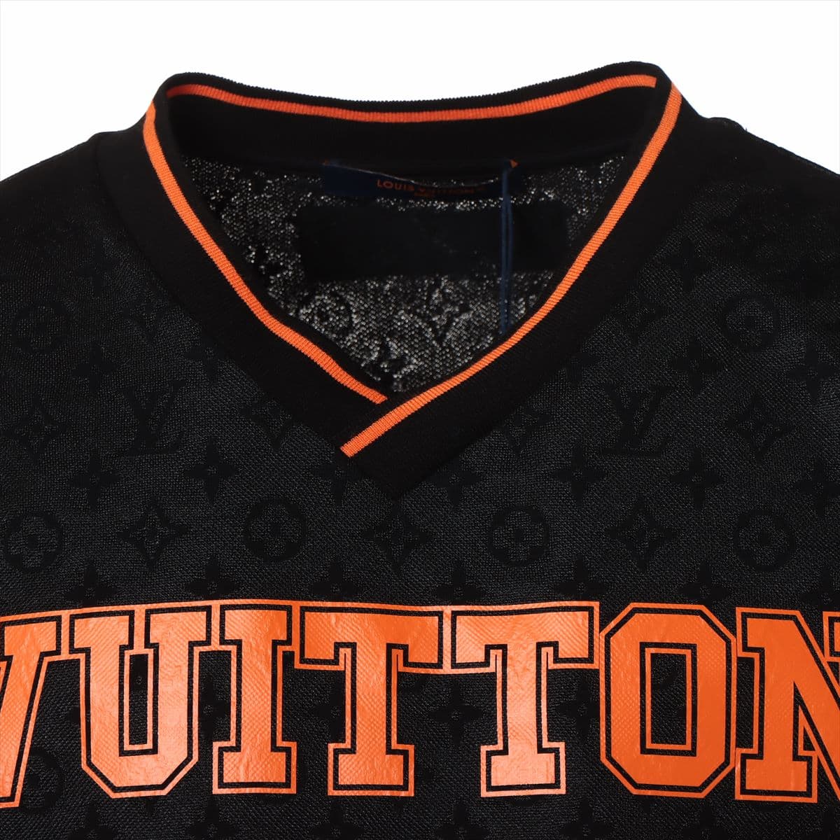 ルイヴィトン 23SS コットン×ポリエステル Tシャツ XXL メンズ ブラック×オレンジ モノグラムスポーティVネック ルーズ RM23